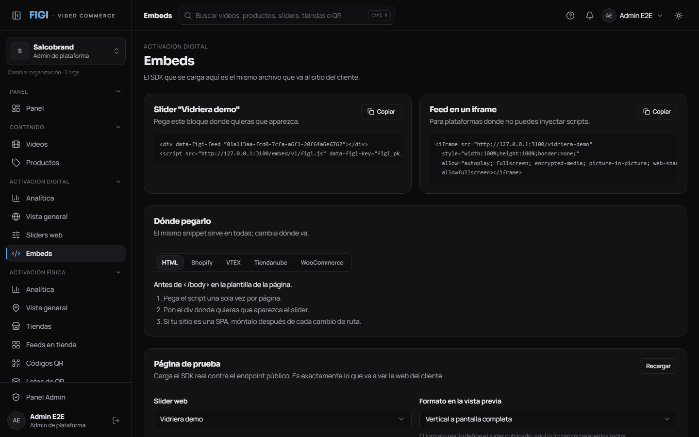 Pantalla Despliegue con el código del asset y los sitios autorizados